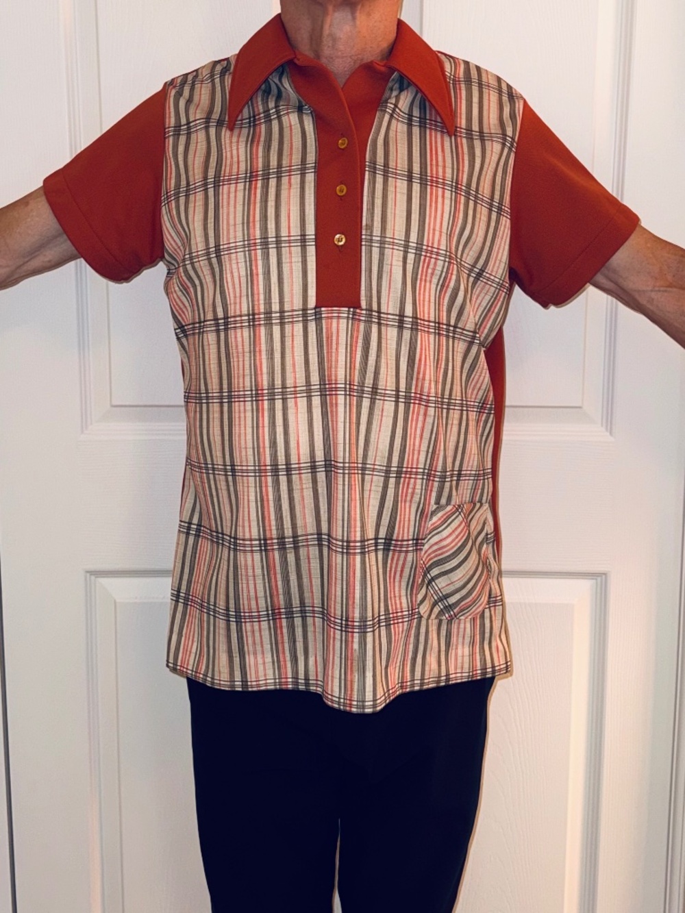Vintage Retro Bowling King Louie Polo Shirt Plaid Rust Orange Size Medium